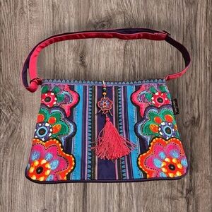 Laurel Burch Boho Floral Crossbody Bag Purse Tassels Hippie Y2K